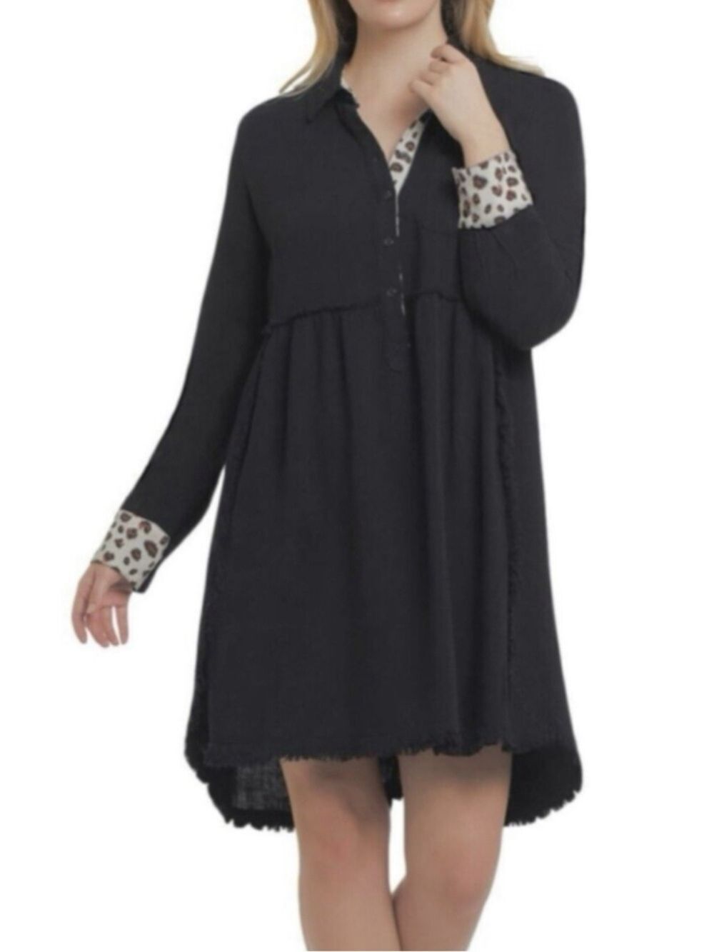 UMGEE Black & Animal Print Trim Hi Lo Tunic Mini Dress Sz XL Boho Western Linen